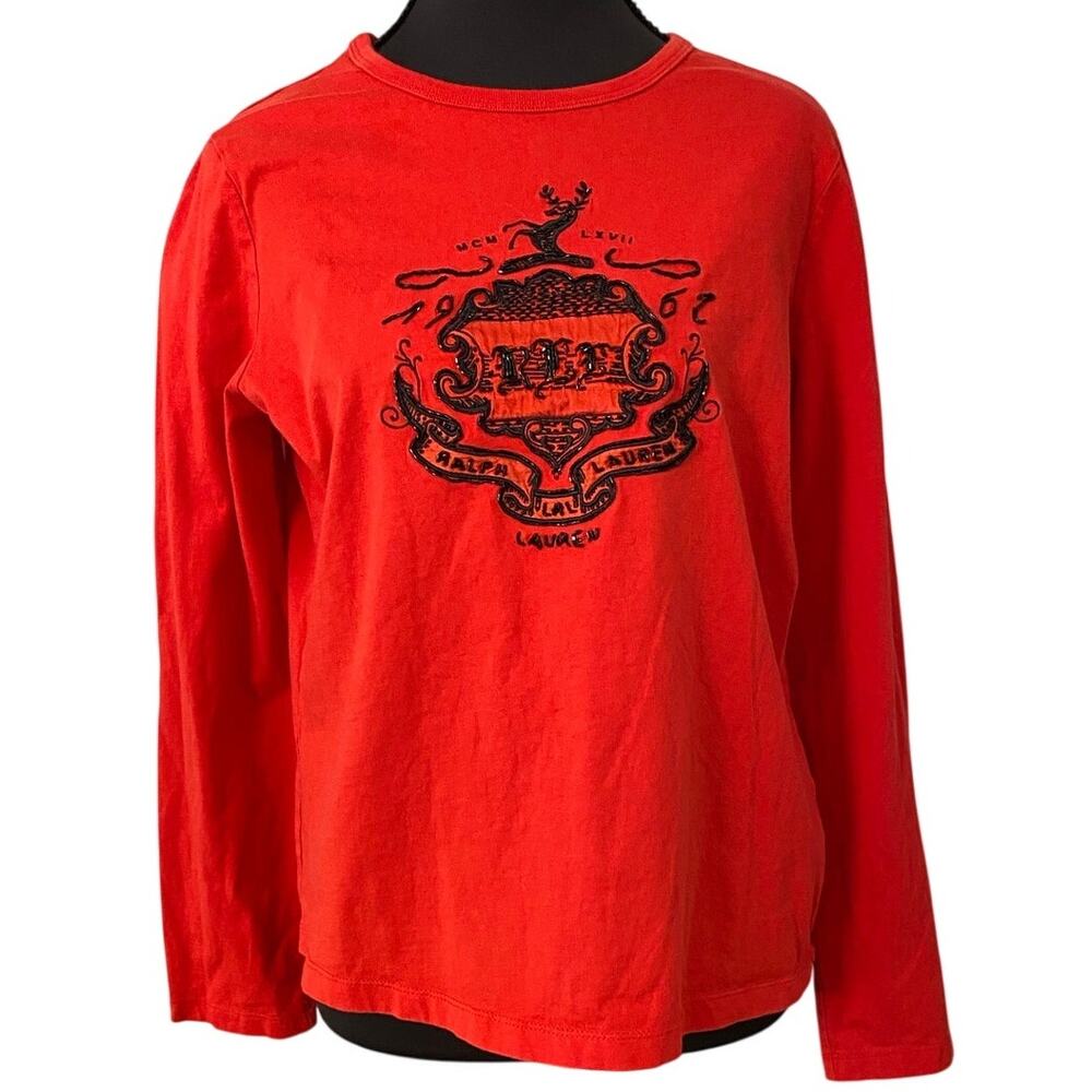 Y2K Ralph Lauren Crest Graphic Long Sleeve Tee Red Indie Sleaze Preppy Grunge L
